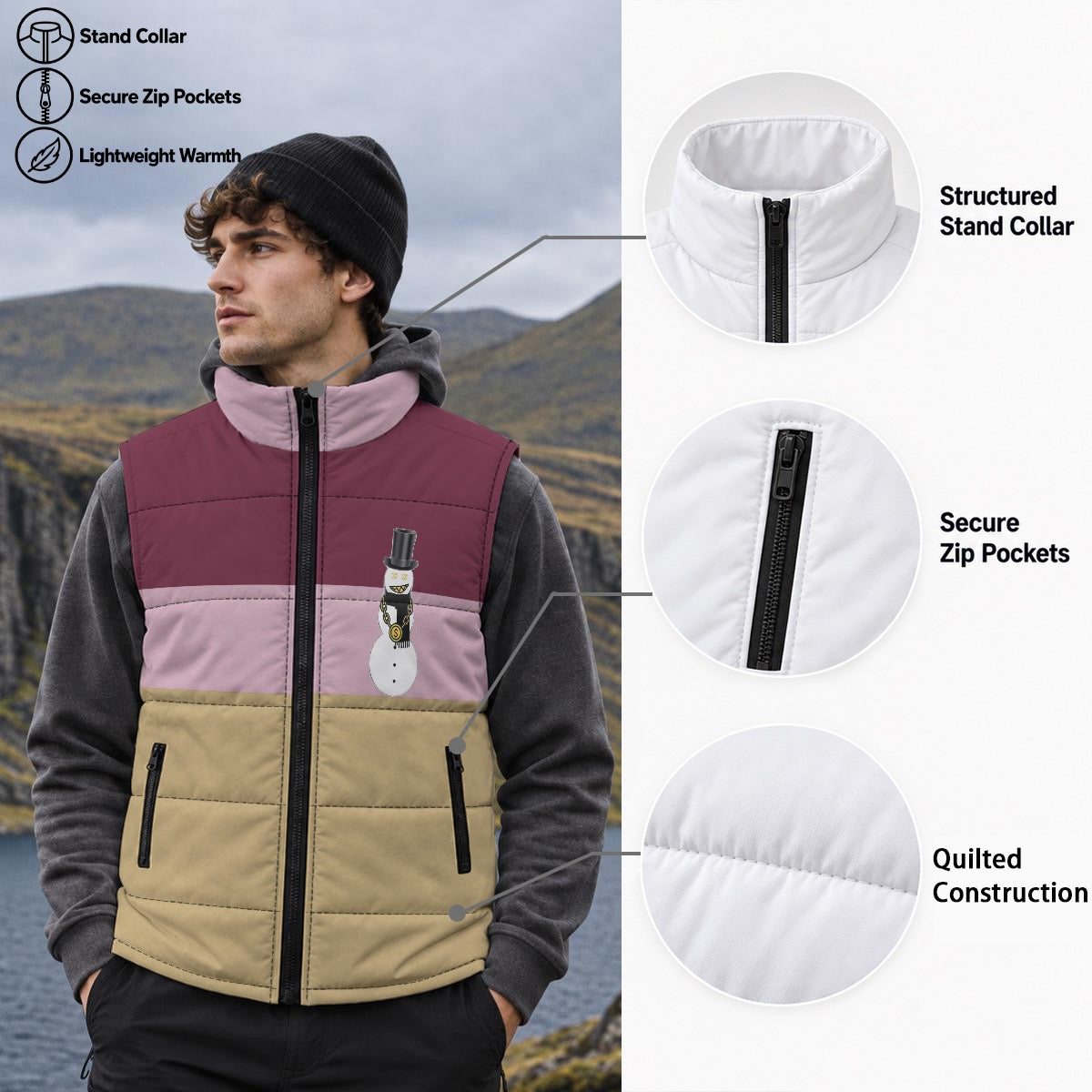 Winter Wine Snowman Zip Padded Vest