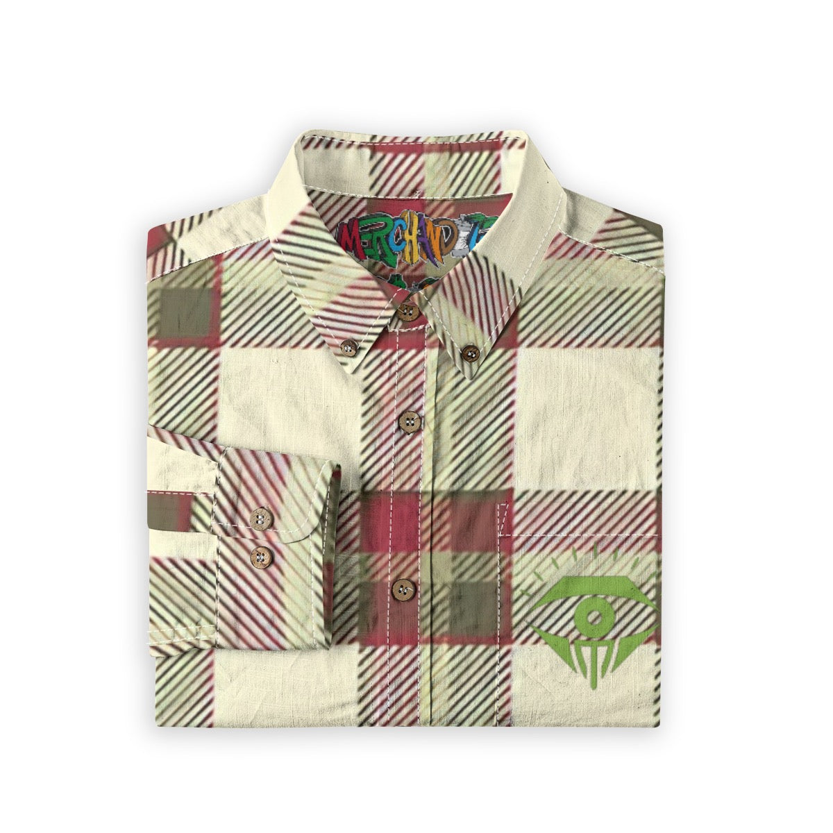Tan Red Green Plaid Designer Long Sleeve Shirt