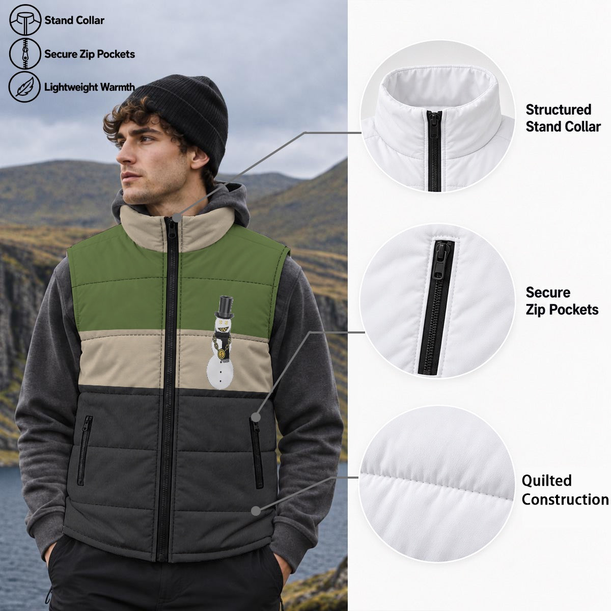 Winter Camo Snowman Zip Padded Vest
