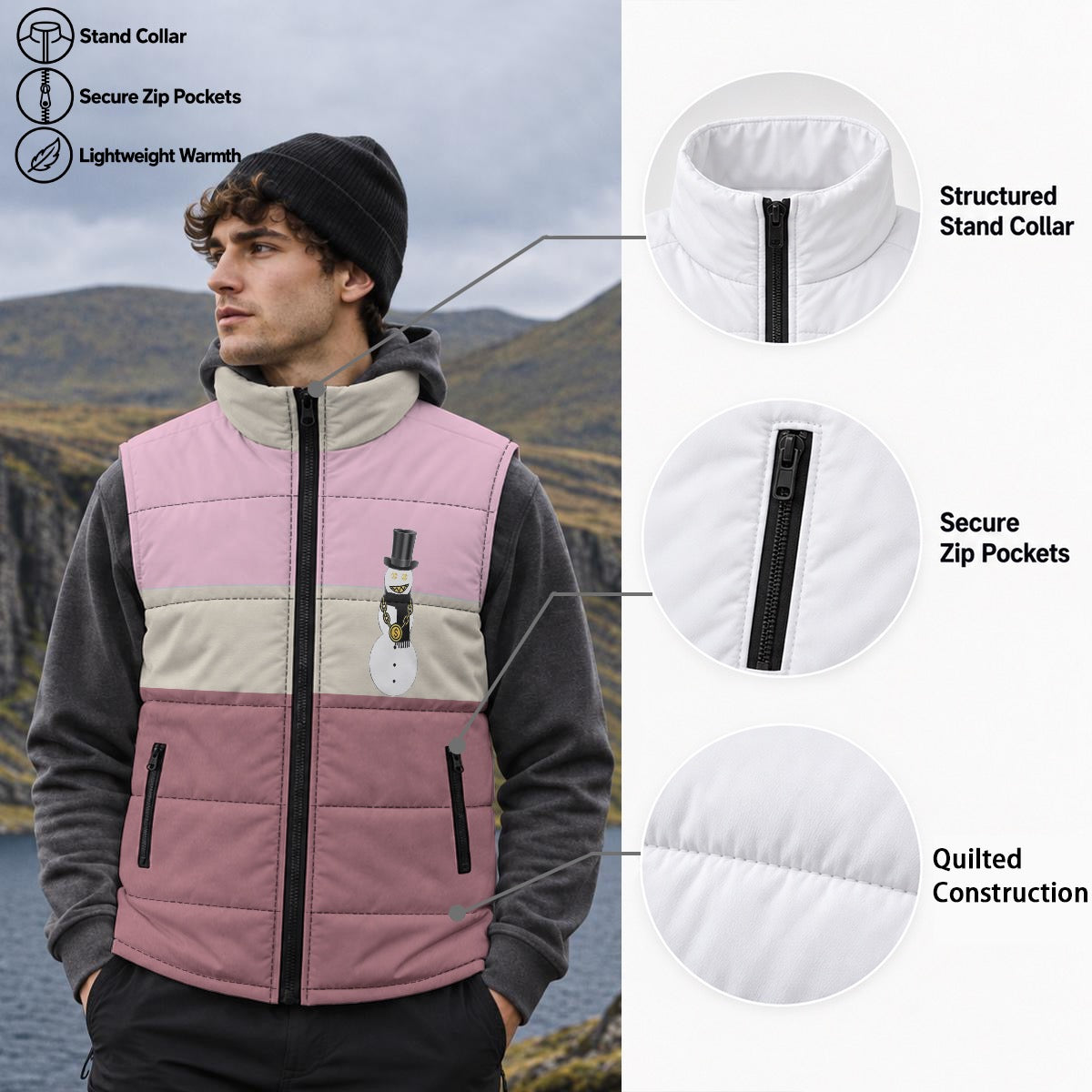 Cotton Candy Snowman Zip Padded Vest