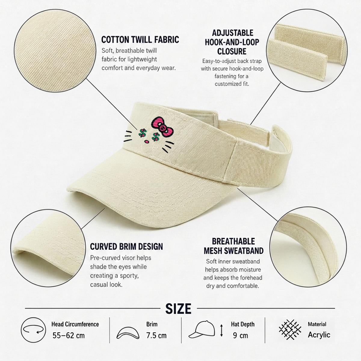 Embroidery Cash Kitty Designer-Top Visor