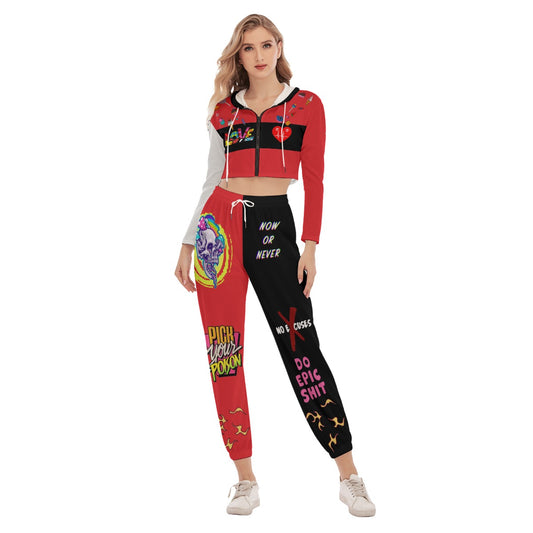 red designer Crop Hoodie Sports Set