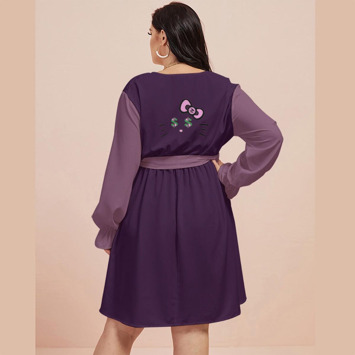 Royal Plum Cash Kitty Curves V-neck Dress With Waistband
