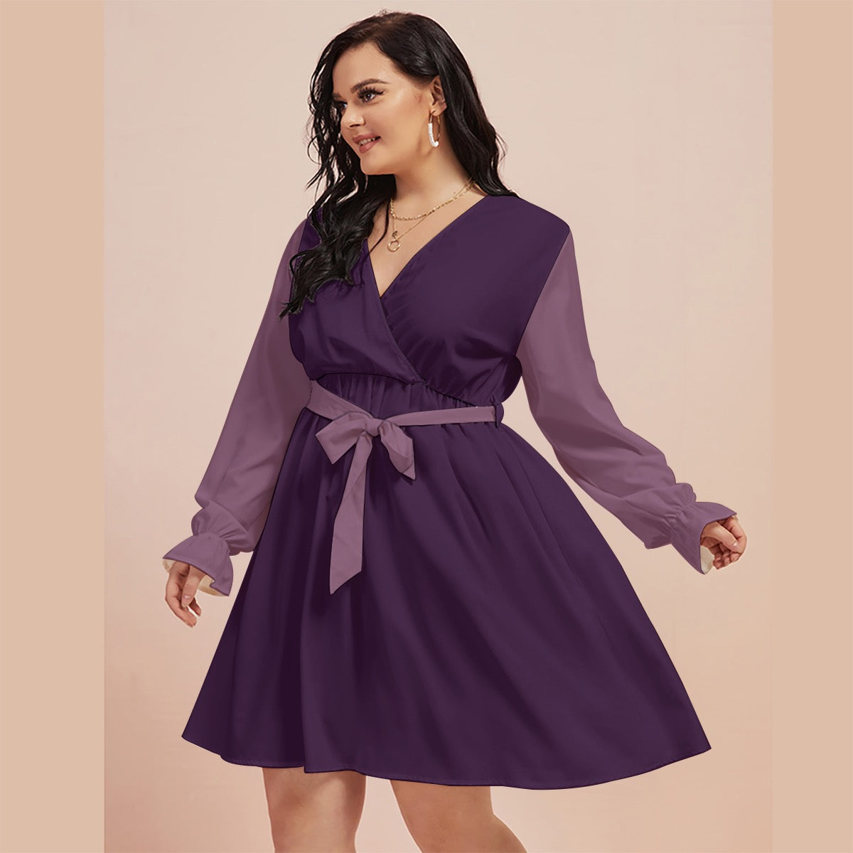 Royal Plum Cash Kitty Curves V-neck Dress With Waistband