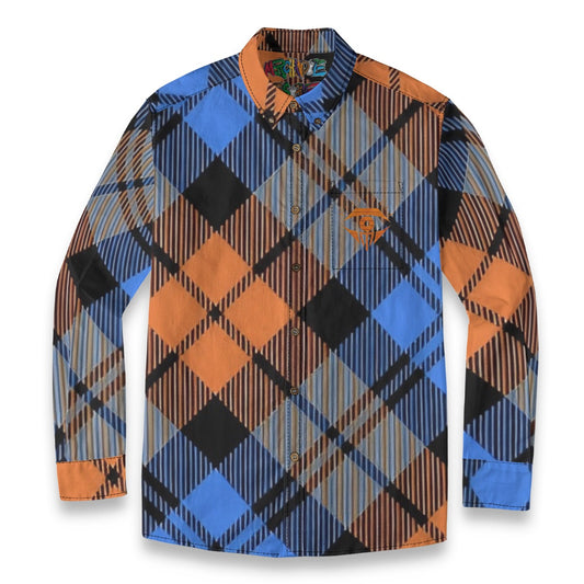 Blue Orange Black Plaid Designer Long Sleeve Shirt