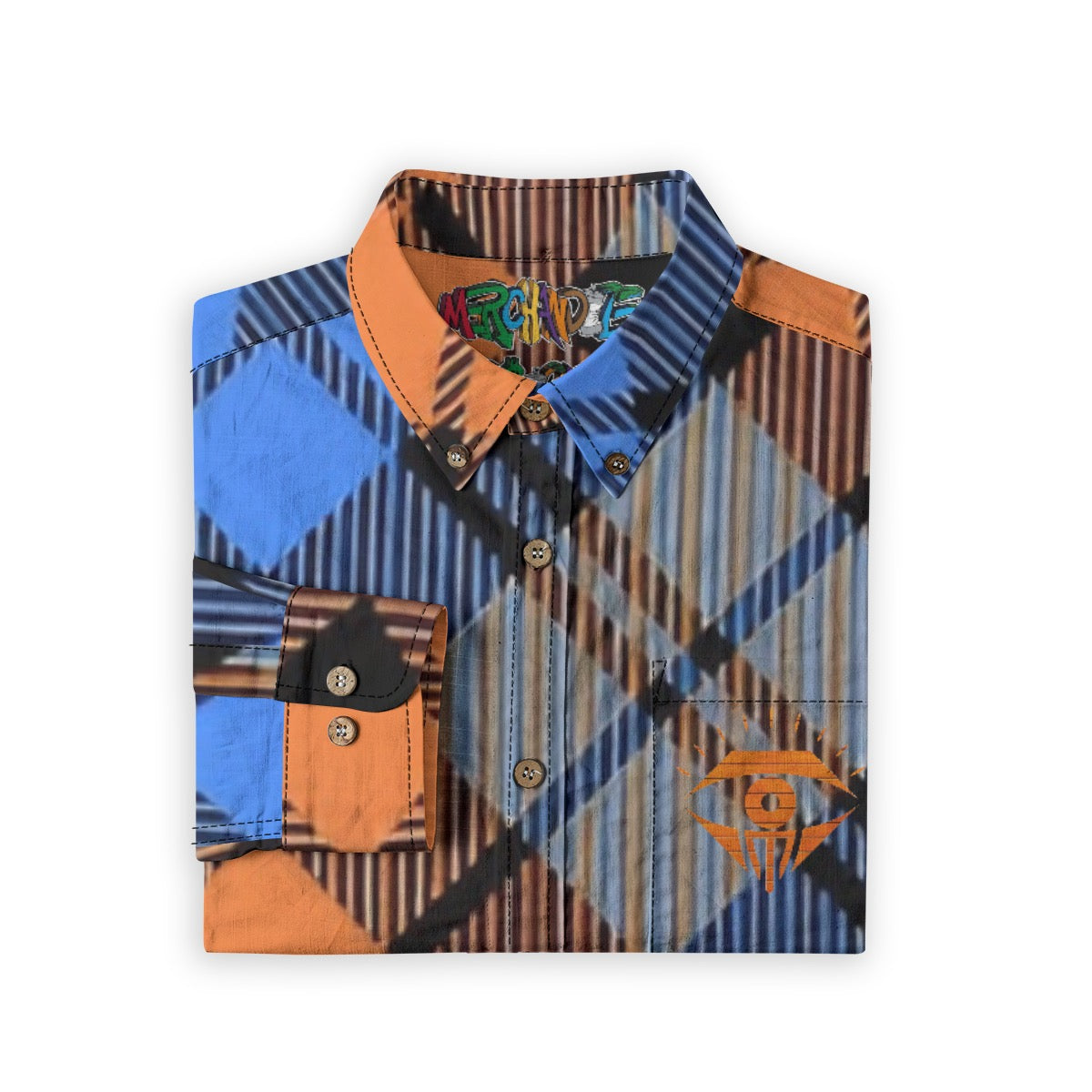 Blue Orange Black Plaid Designer Long Sleeve Shirt