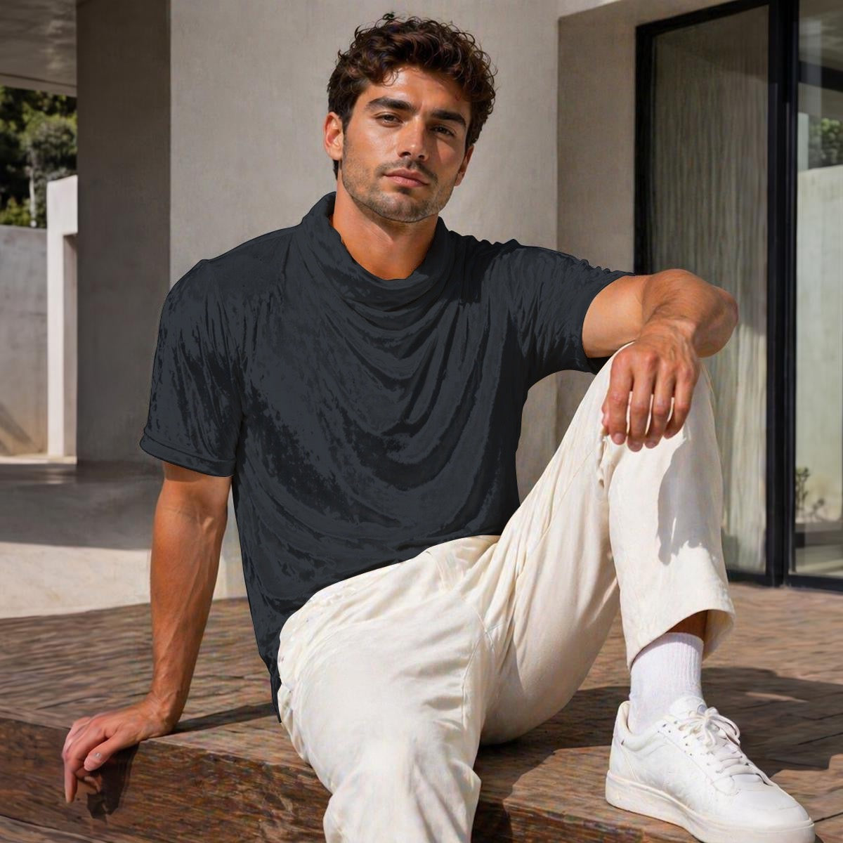 Charcoal Designer Draped Neck Shirt