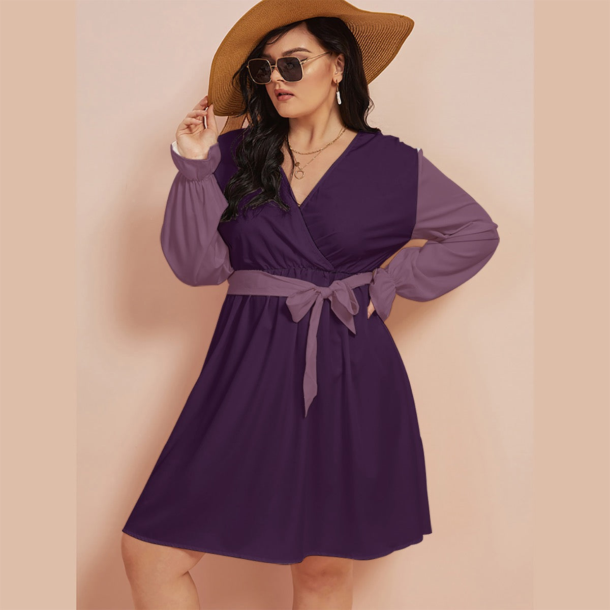 Royal Plum Cash Kitty Curves V-neck Dress With Waistband