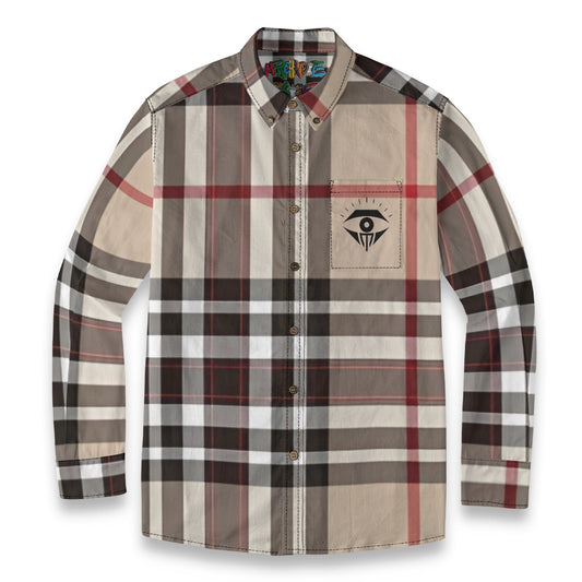 Tan Plaid Designer Long Sleeve Shirt