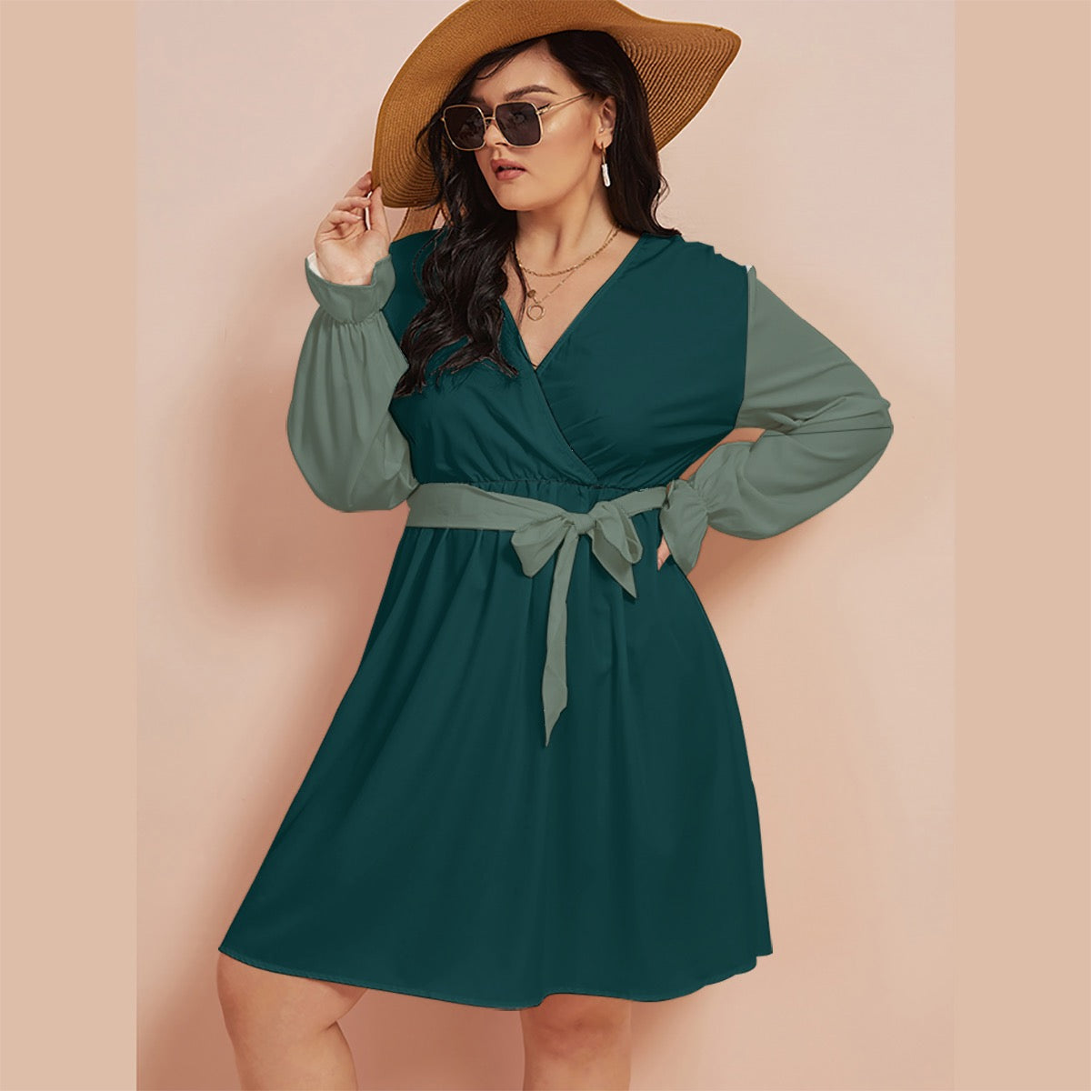 Teal Mirage Cash Kitty Curves V-neck Dress With Waistband