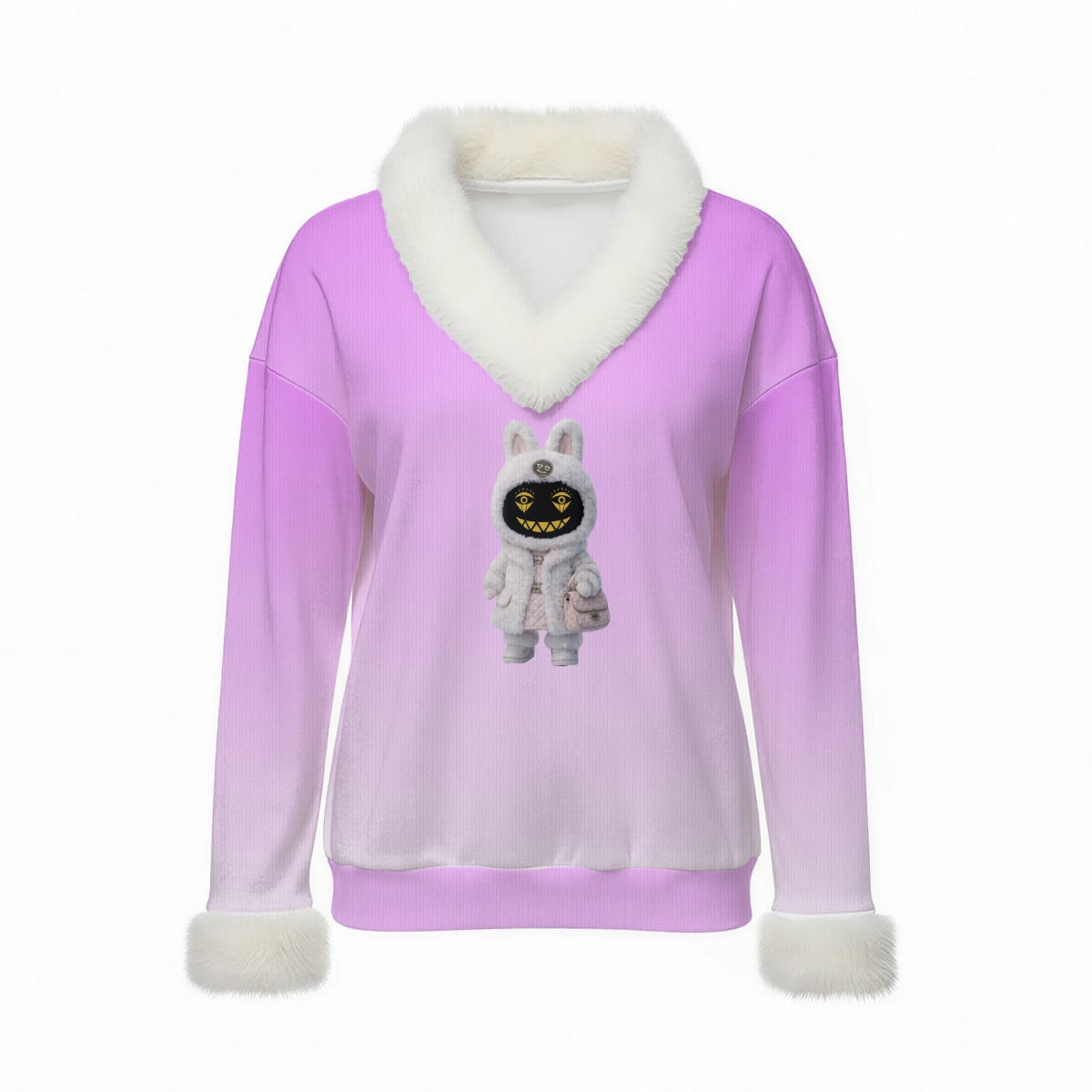 Pink Candy Labubu Minionz  Sweater Top with Fur Trim