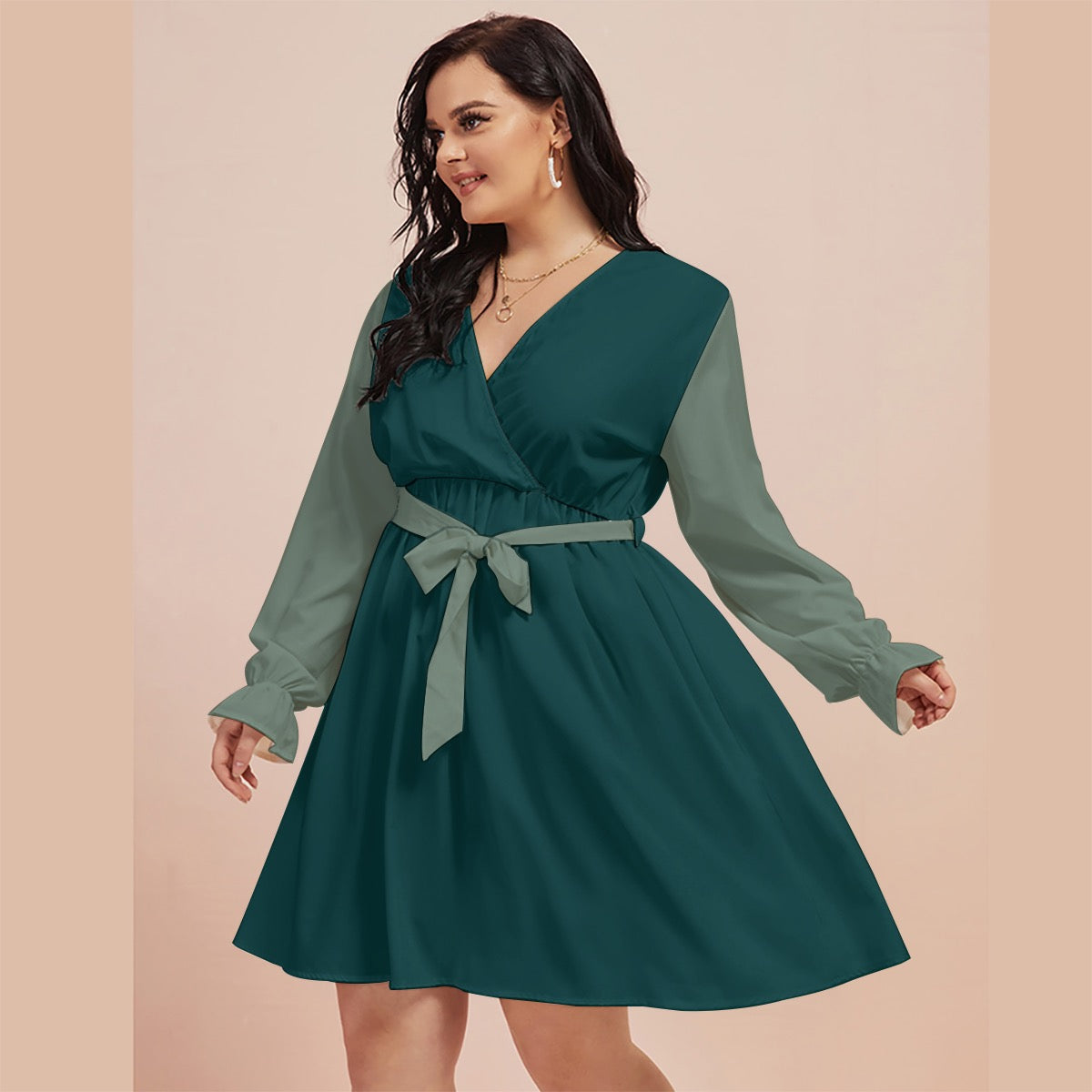 Teal Mirage Cash Kitty Curves V-neck Dress With Waistband