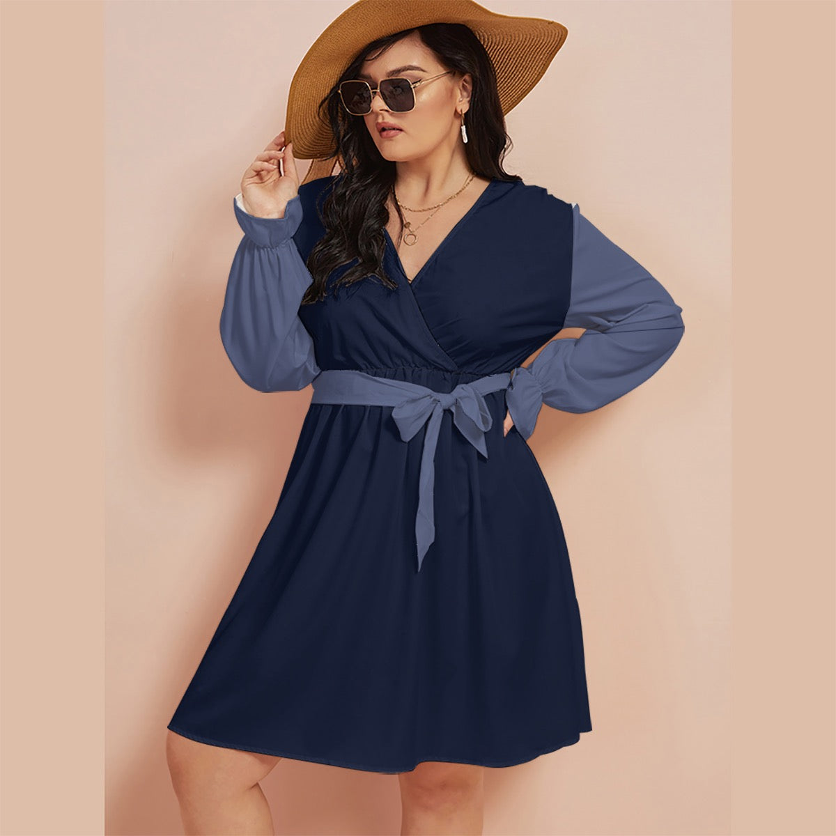Midnight Bloom Cash Kitty Curves V-neck Dress With Waistband