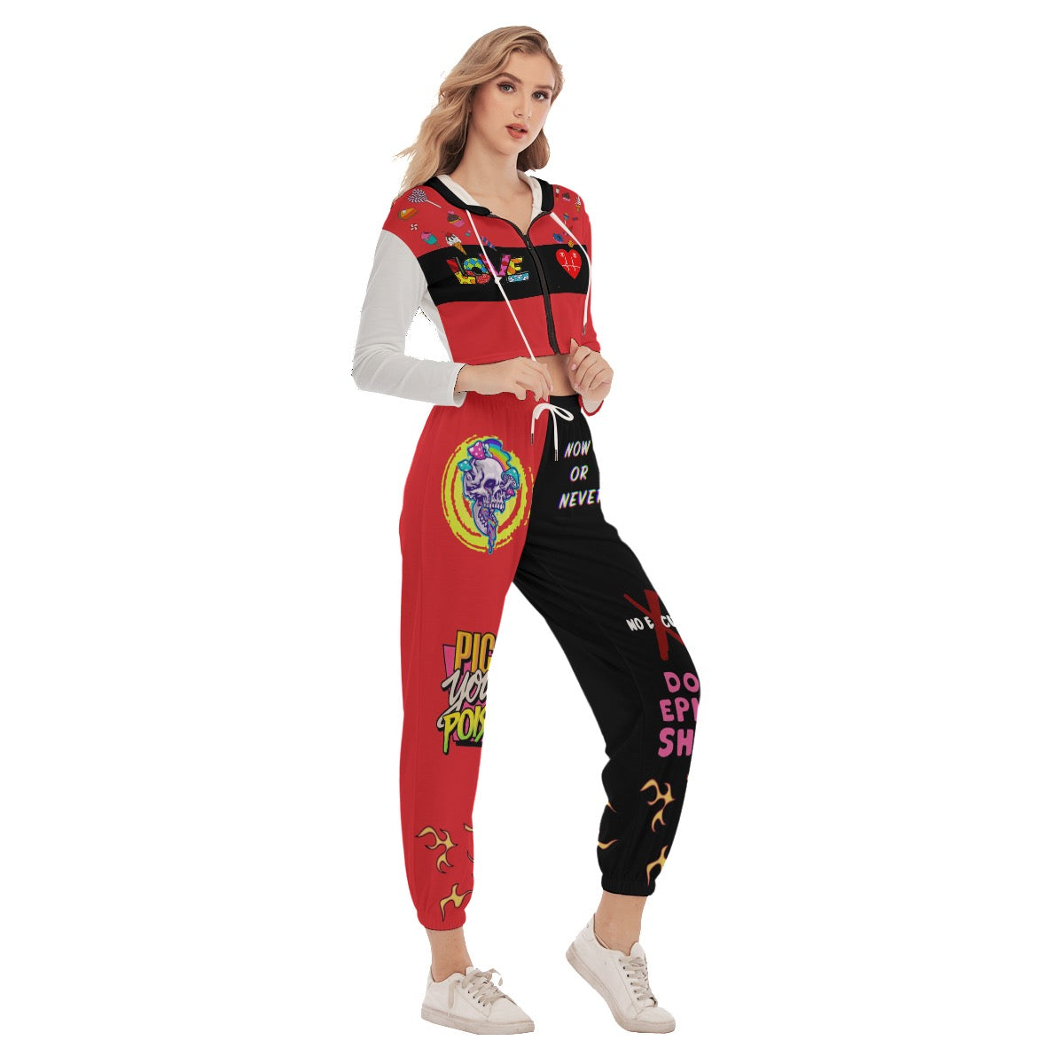 red designer Crop Hoodie Sports Set