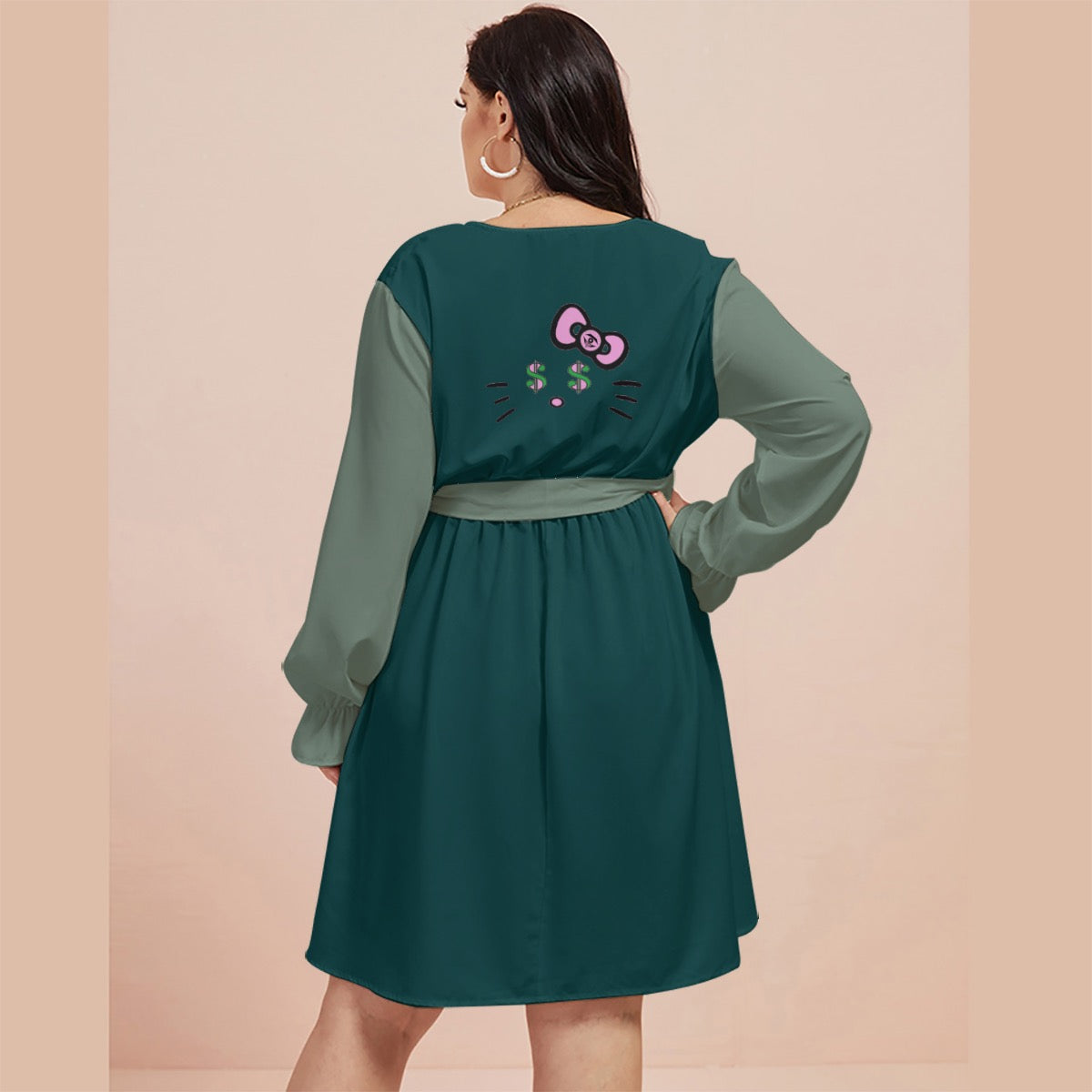 Teal Mirage Cash Kitty Curves V-neck Dress With Waistband