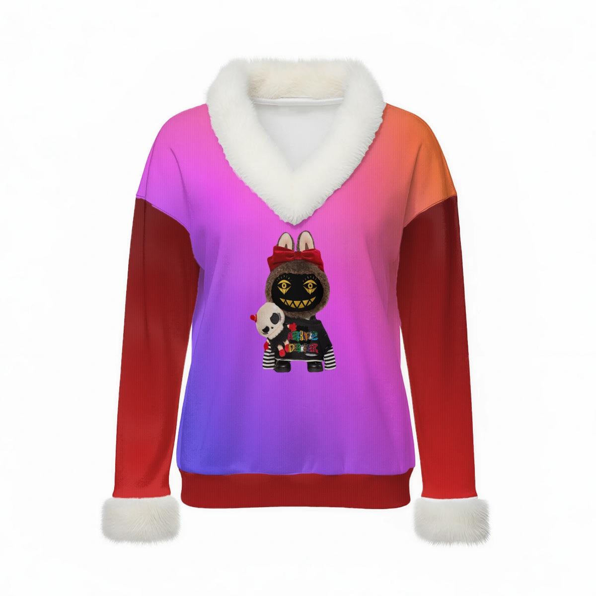 Cherry Flame Women's Labubu Minions Sweater Top with Fur Trim
