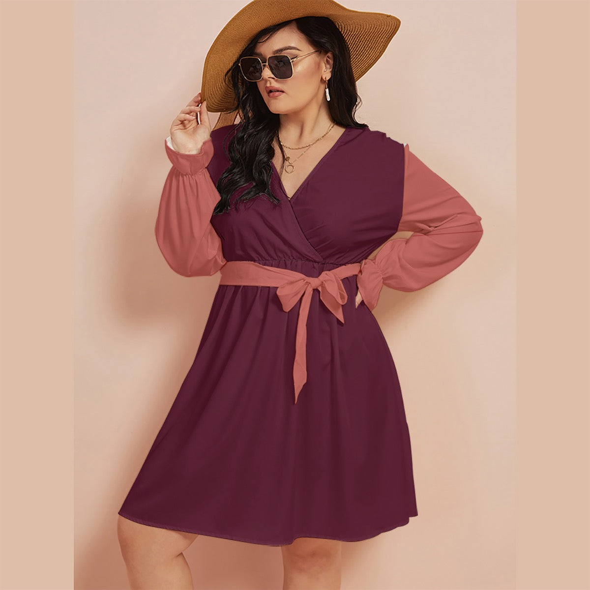 Berry Heat Cash Kitty Curves V-neck Dress With Waistband