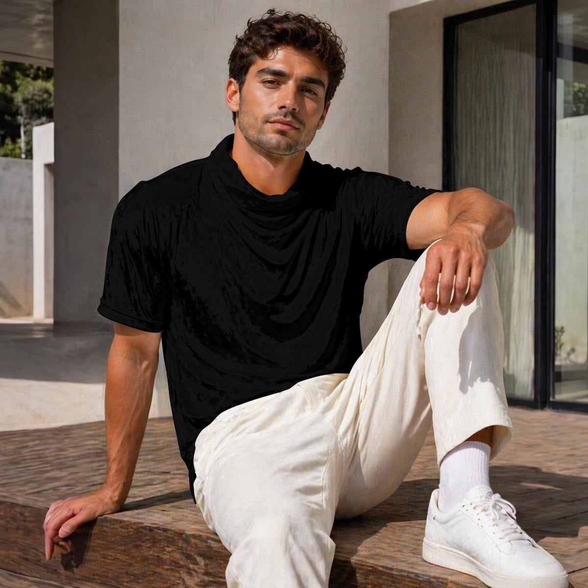 Black Designer Draped Neck Shirt