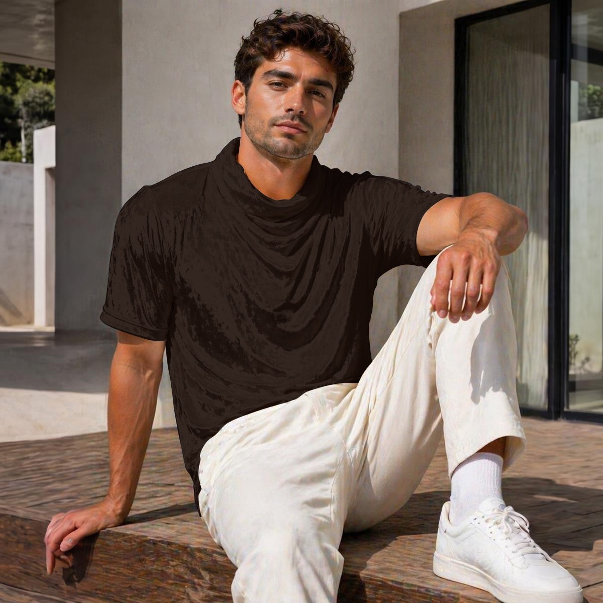 Espresso Designer Draped Neck Shirt