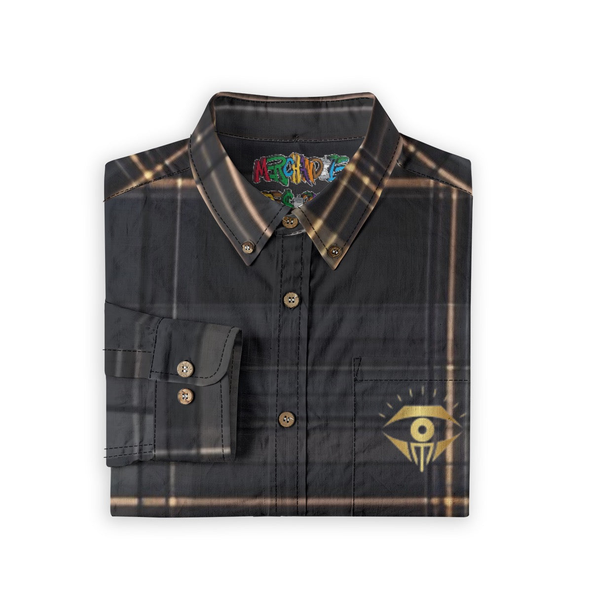 Black Gold Plaid Designer Long Sleeve Shirt