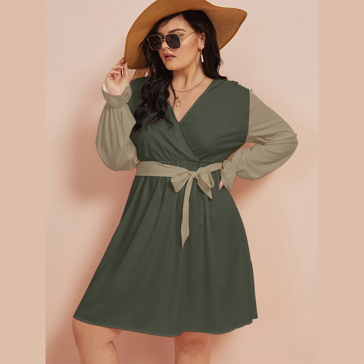 Olive Money Cash Kitty Curves V-neck Dress With Waistband