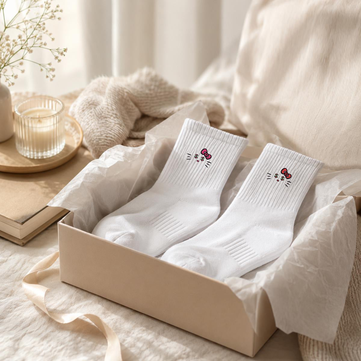 embroidery Cash Kitty Mid-Calf Socks|Cotton