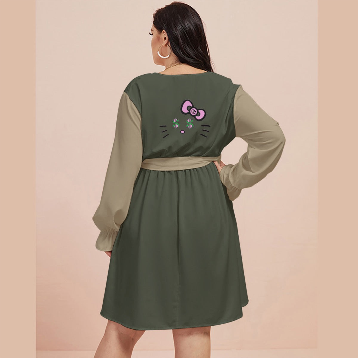 Olive Money Cash Kitty Curves V-neck Dress With Waistband