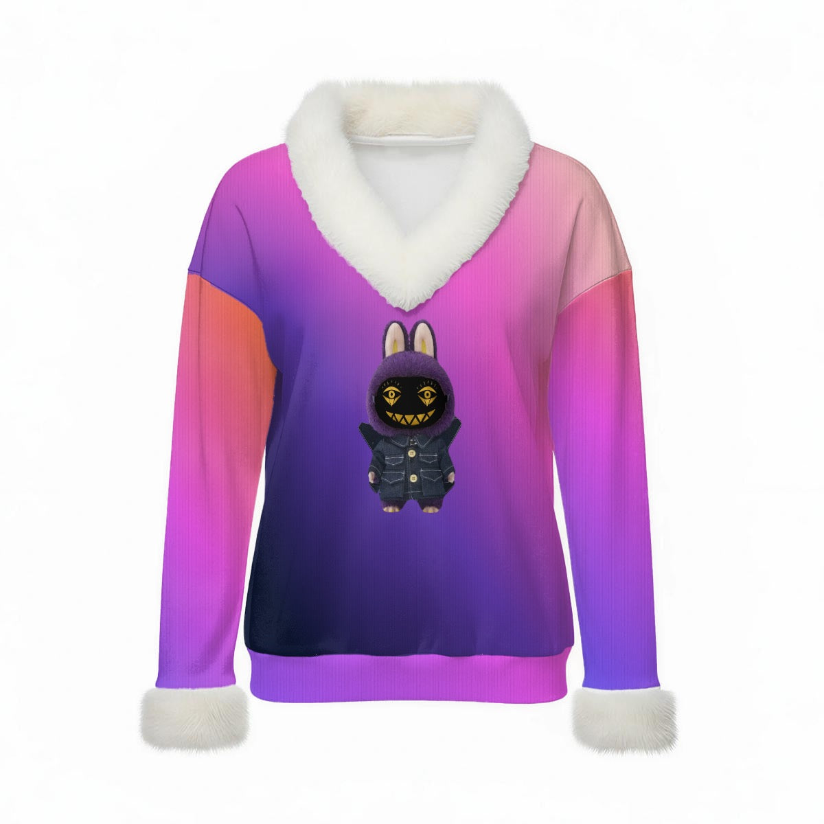 Sunset  Women's Labubu Minions Sweater Top with Fur Trim