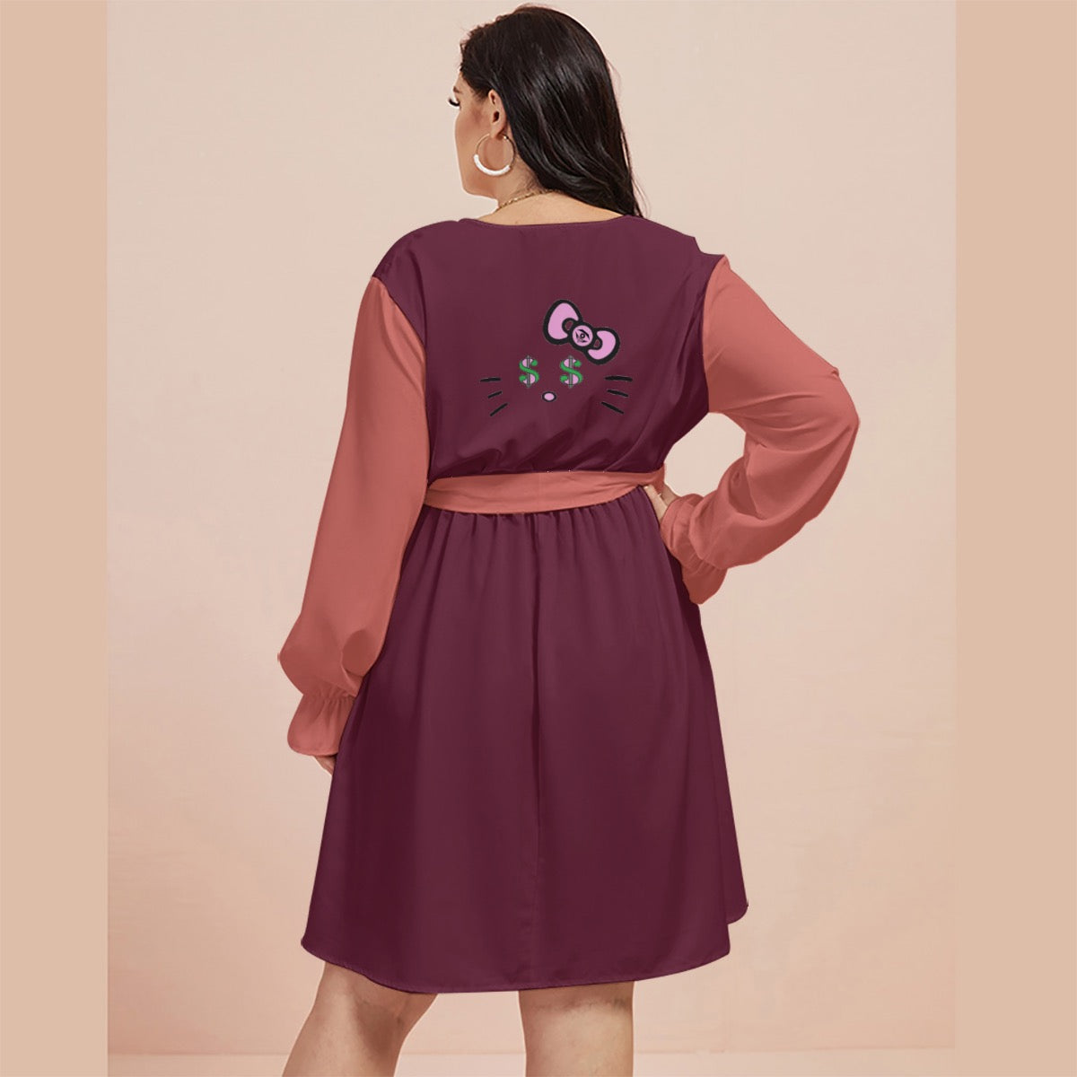 Berry Heat Cash Kitty Curves V-neck Dress With Waistband