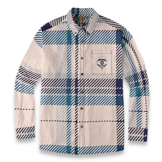 Tan Blue Plaid Designer Long Sleeve Shirt