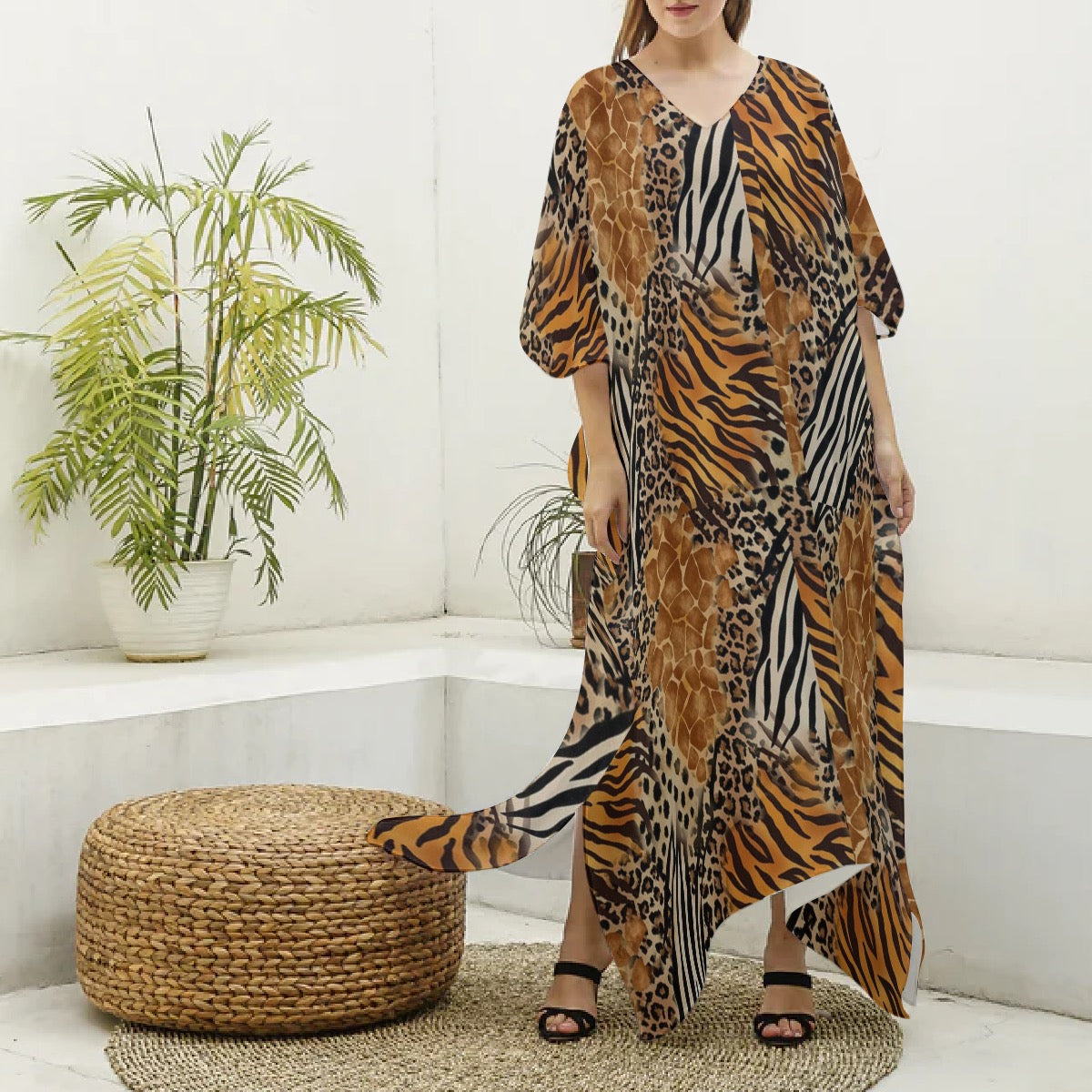 Cash Kitty Silk V-neck mumu-Safari mix