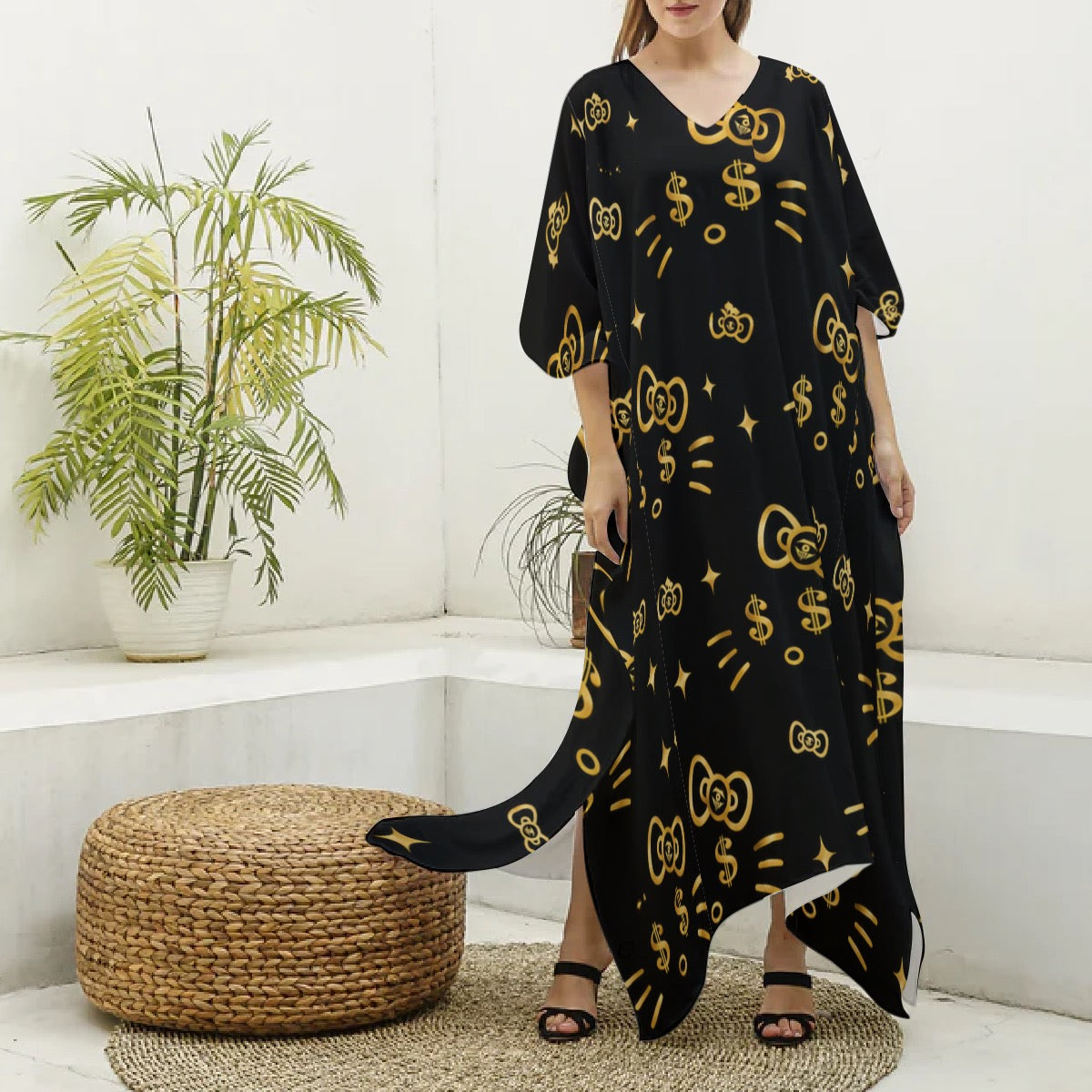 Cash Kitty Silk V-neck mumu-Blackout