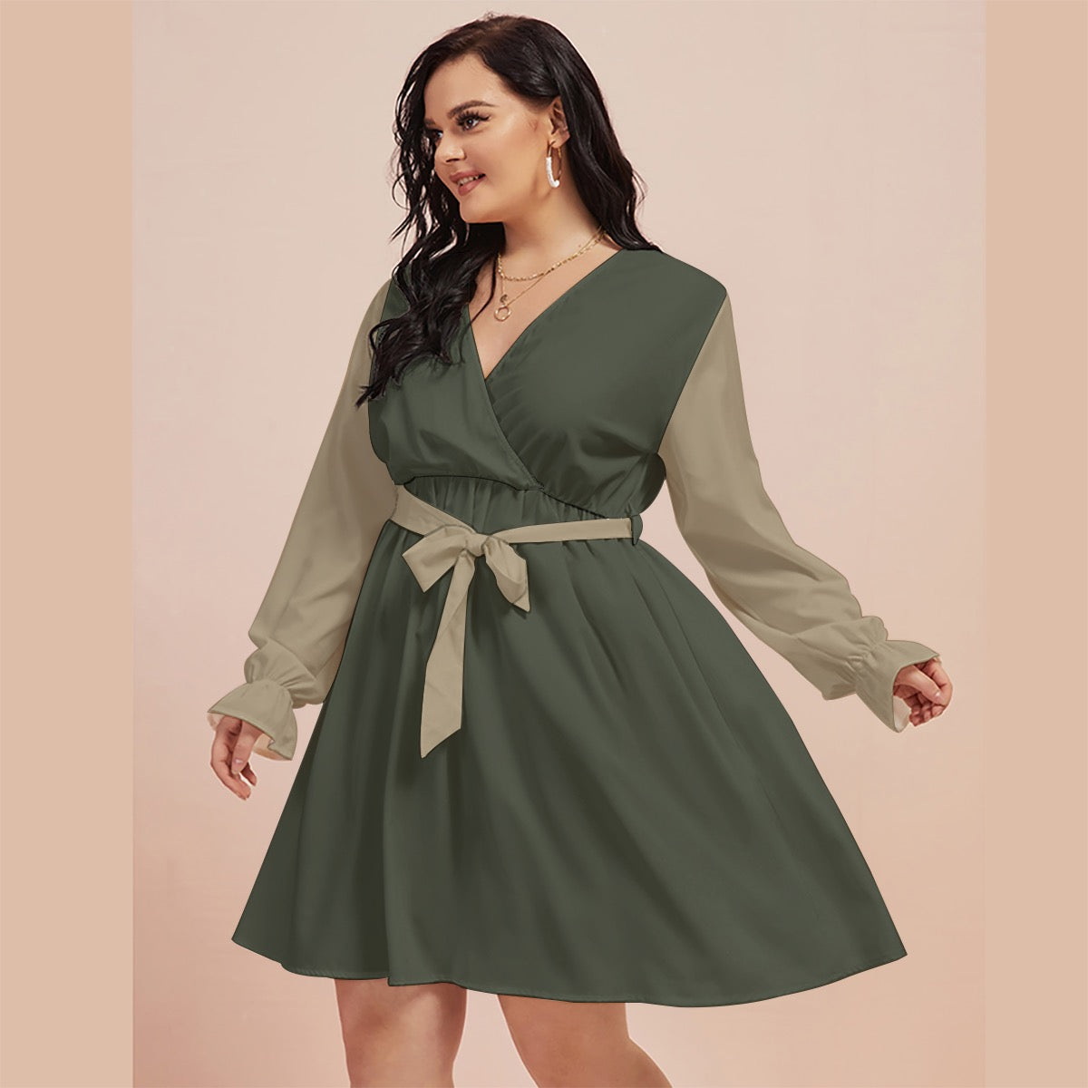 Olive Money Cash Kitty Curves V-neck Dress With Waistband