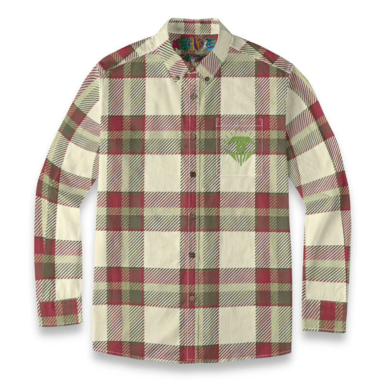 Tan Red Green Plaid Designer Long Sleeve Shirt