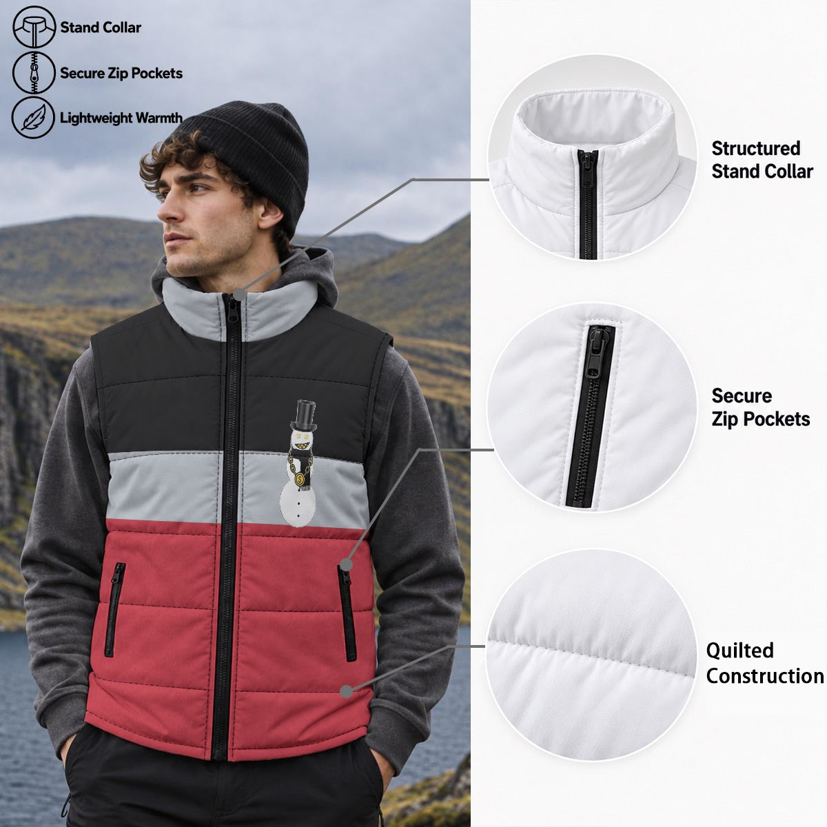Black Ice Snowman Zip Padded Vest