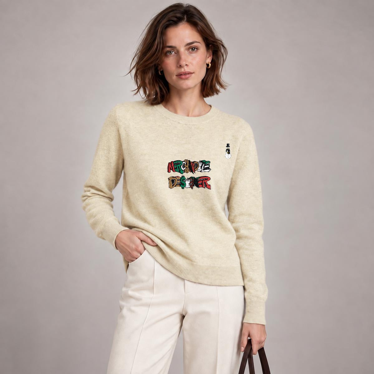Merchandize Designer Soft Wool-Blend Crewneck Knit Sweater|Embroidery