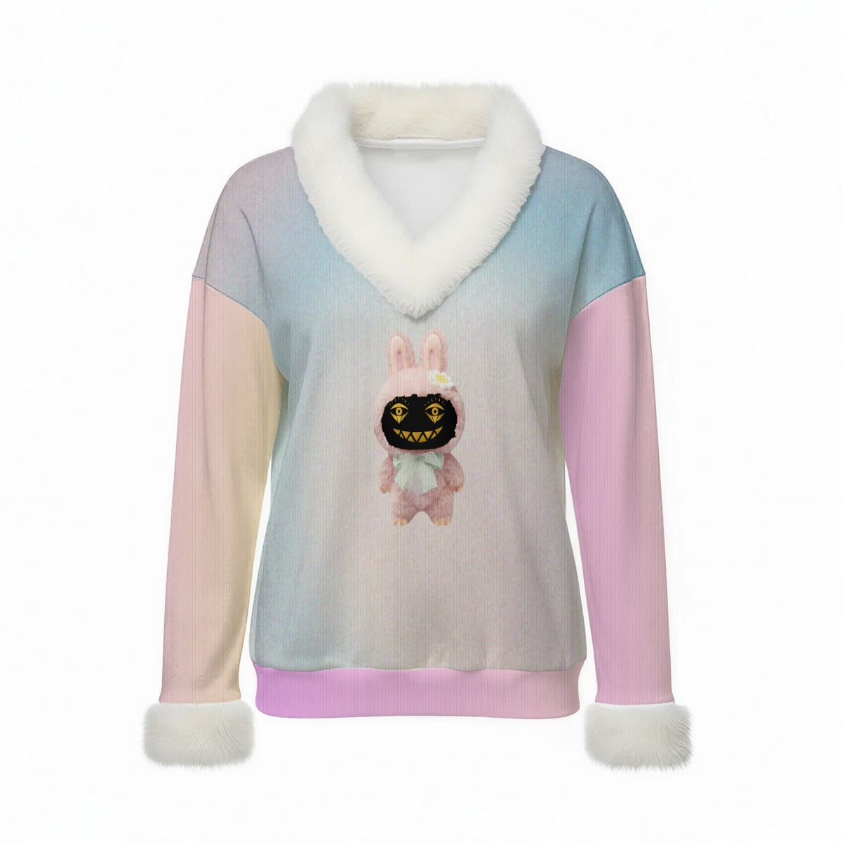 Cotton Candy Women's Labubu Minions Sweater Top with Fur Trim