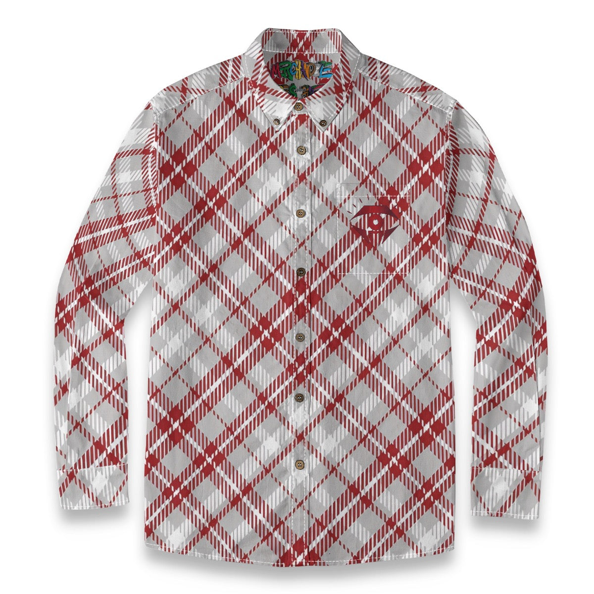 White Red Gray Plaid Designer Long Sleeve Shirt