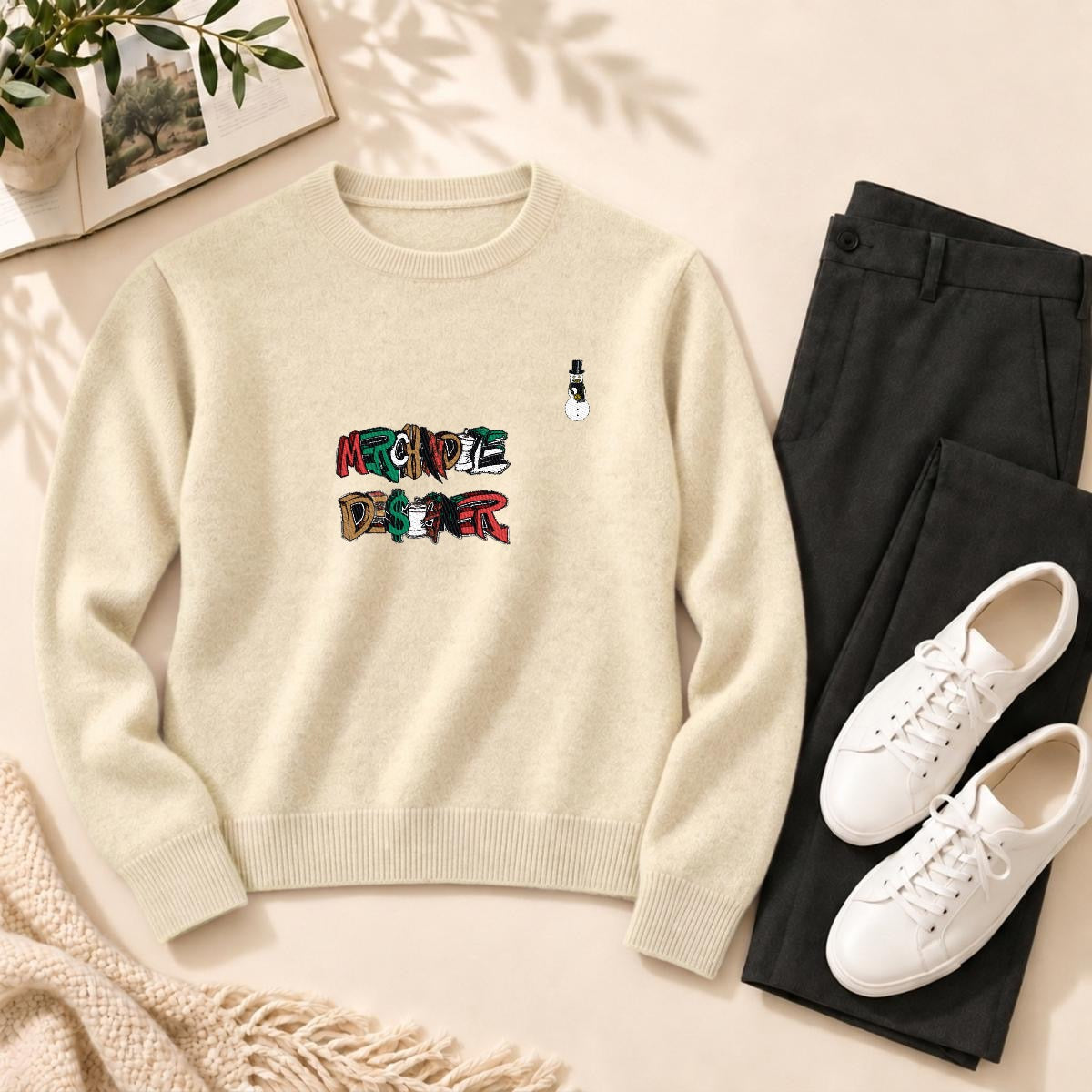 Merchandize Designer Soft Wool-Blend Crewneck Knit Sweater|Embroidery
