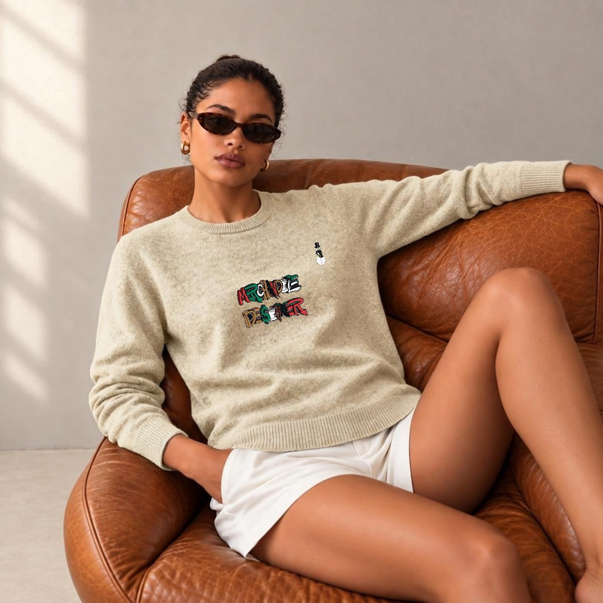 Merchandize Designer Soft Wool-Blend Crewneck Knit Sweater|Embroidery