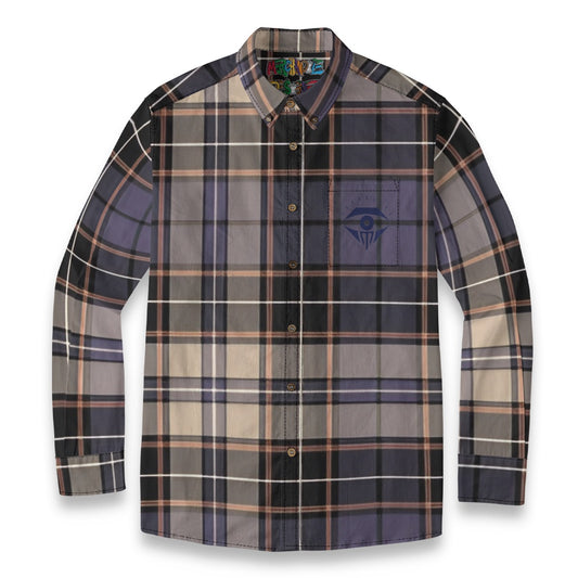 Tan Purp Orange Black Plaid Designer Sleeve Shirt