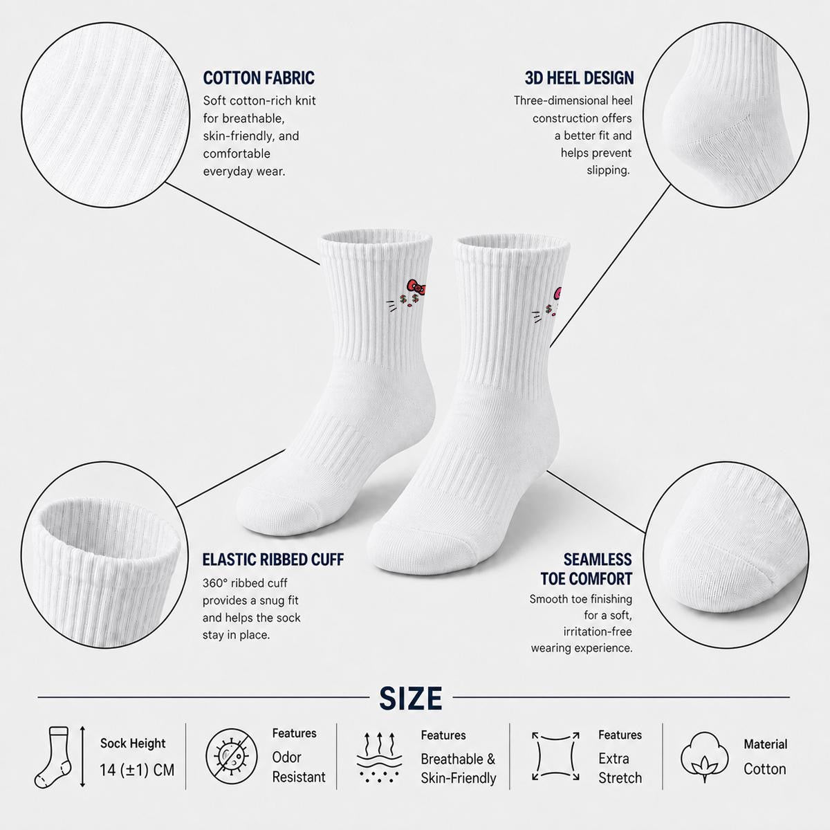 embroidery Cash Kitty Mid-Calf Socks|Cotton