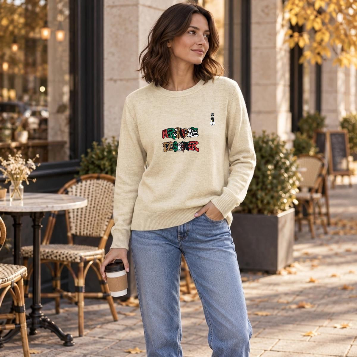 Merchandize Designer Soft Wool-Blend Crewneck Knit Sweater|Embroidery
