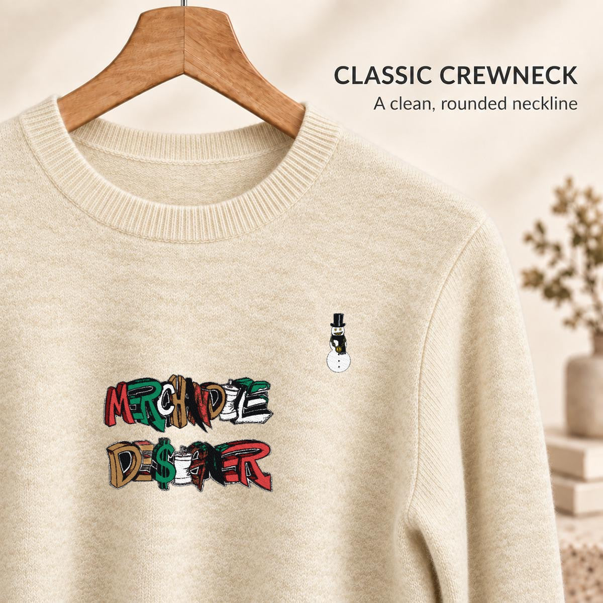 Merchandize Designer Soft Wool-Blend Crewneck Knit Sweater|Embroidery