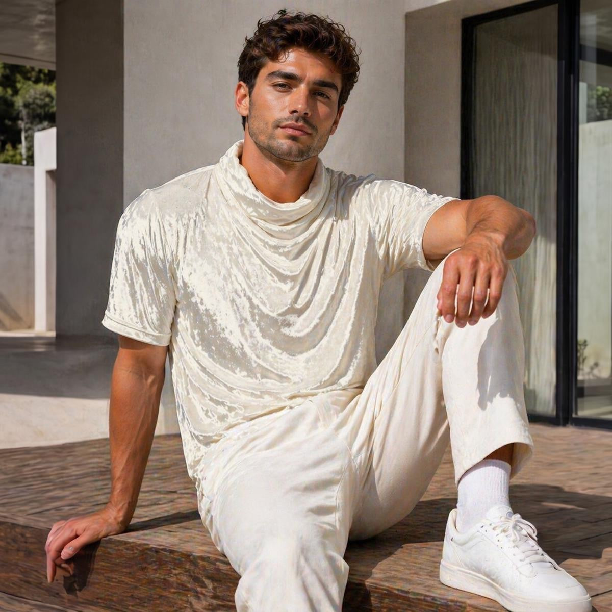 Ivory Designer Draped Neck Shirt