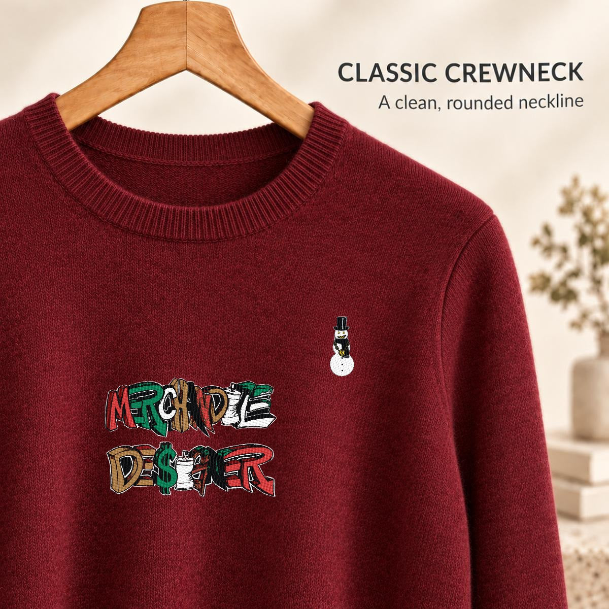 Merchandize Designer Soft Wool-Blend Crewneck Knit Sweater|Embroidery