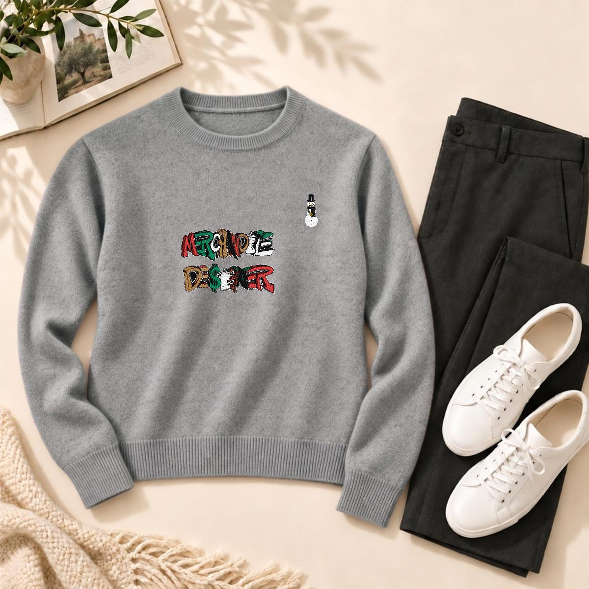 Merchandize Designer Soft Wool-Blend Crewneck Knit Sweater|Embroidery