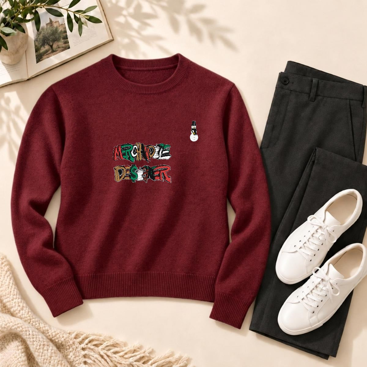 Merchandize Designer Soft Wool-Blend Crewneck Knit Sweater|Embroidery