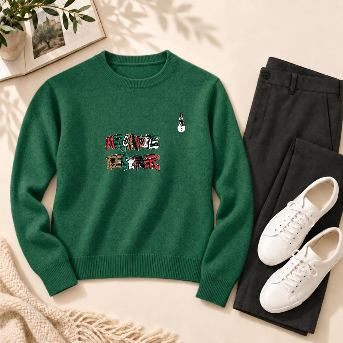 Merchandize Designer Soft Wool-Blend Crewneck Knit Sweater|Embroidery