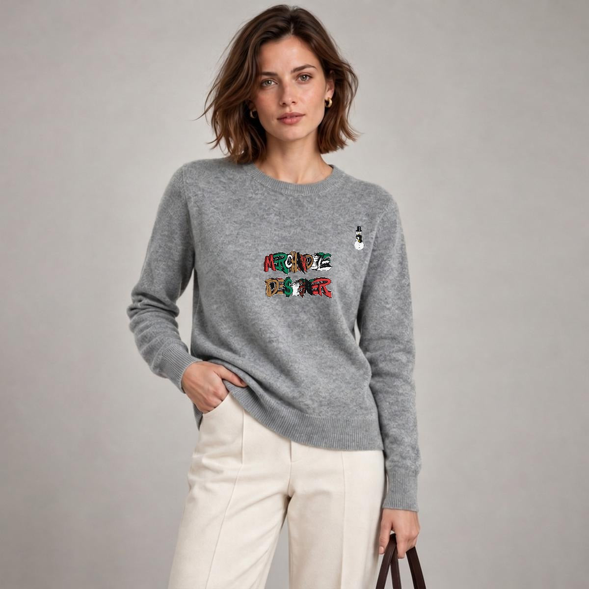 Merchandize Designer Soft Wool-Blend Crewneck Knit Sweater|Embroidery